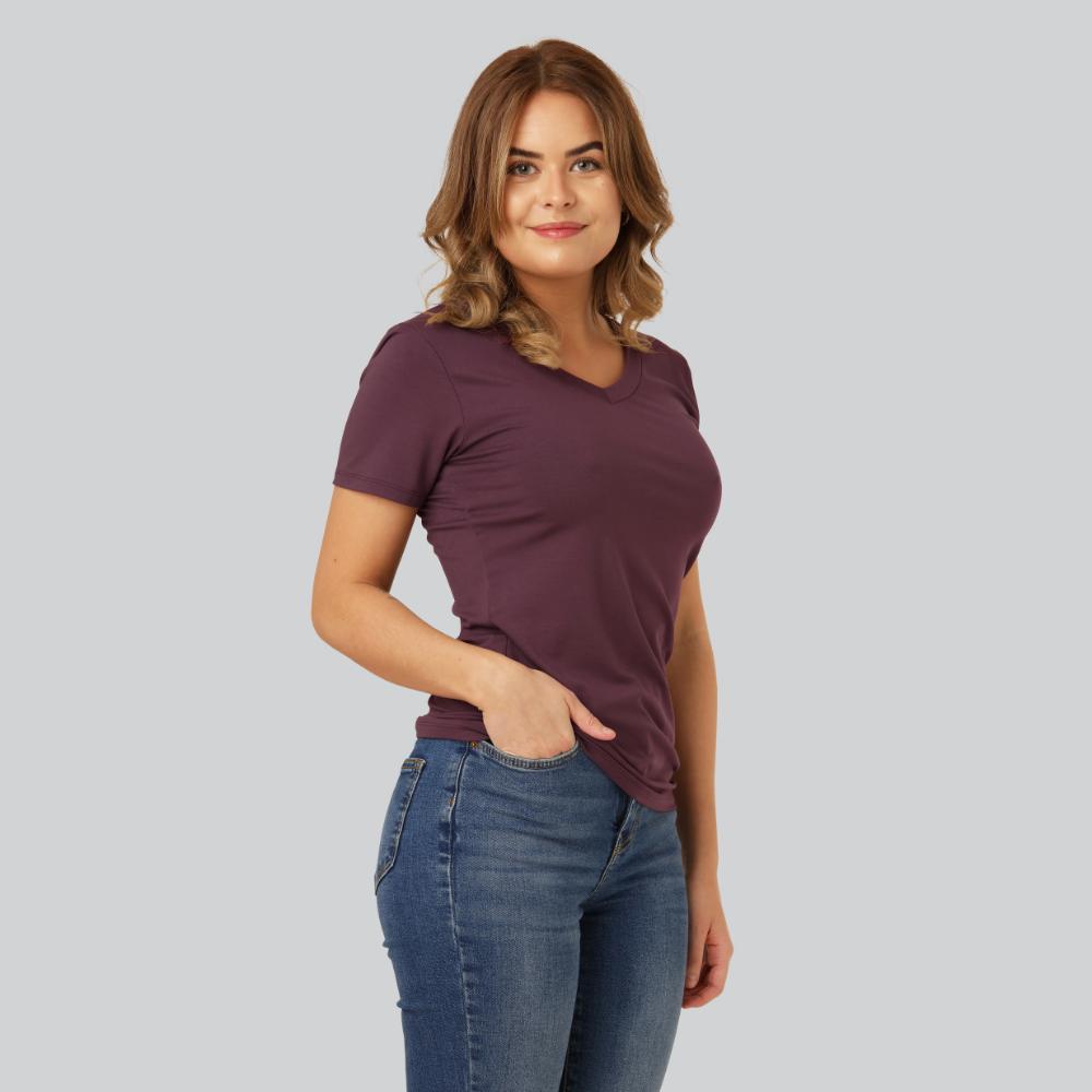 Bambus t-shirt v-hals i bordeaux til damer Bambus t-shirt v-hals i bordeaux til damer