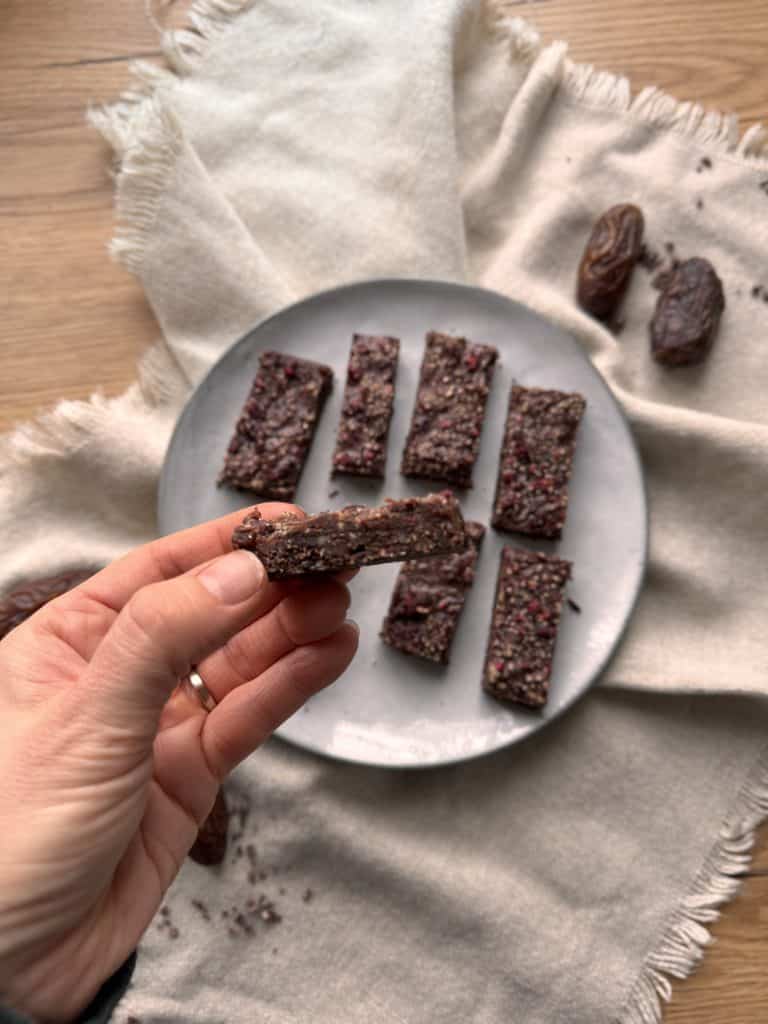 Dattel-Carob-Riegel ohne Zucker, nährender Snack nach TCM mit Datteln, Carob und Nüssen