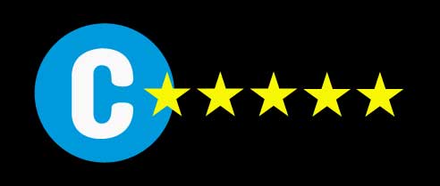 Blue circle with a white C with five golden stars