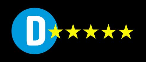 Blue circle with a white D with five golden stars