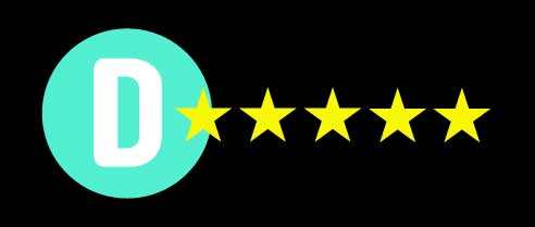 Mint green circle with a white D with five golden stars