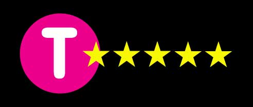 Hot pink circle with a white T with five golden stars