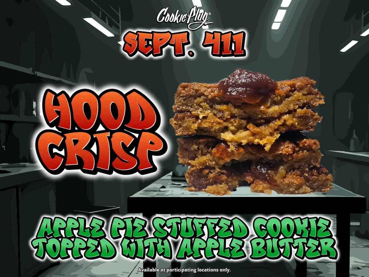 A digital graphic that says 'Cookie Plug - September 411' in big, red graffiti letters with a stack of large stuffed apple butter cookies with text that says 'Apple Pie Stuffed Cookie Topped with Apple Butter' in green graffiti letters.