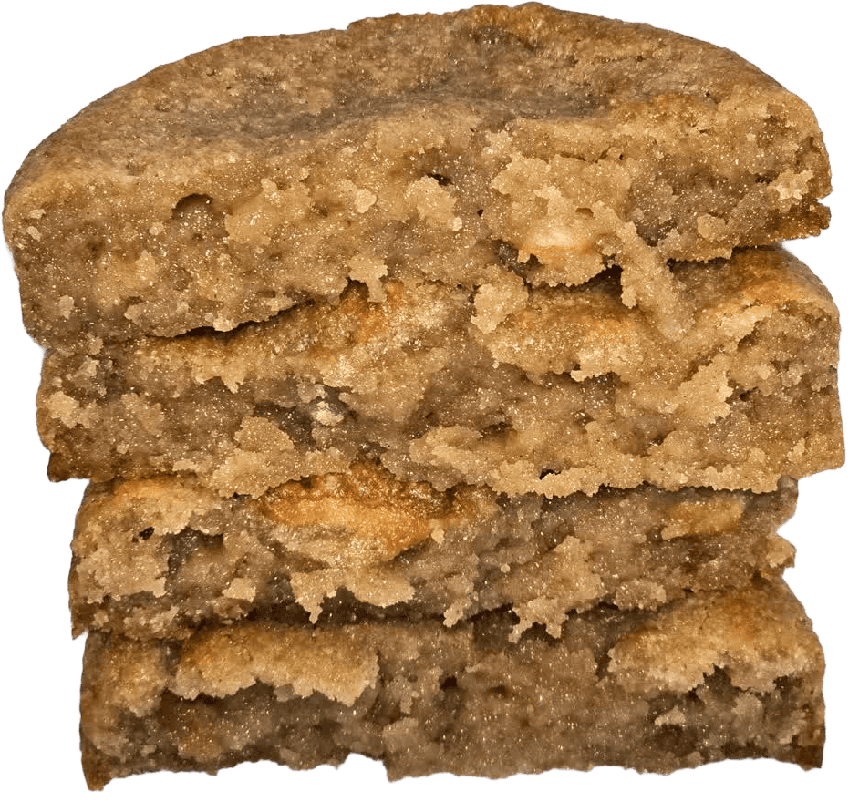 thick stack of four cookies cut in half that are showing their ooey gooey middle.