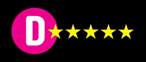 Hot pink circle with a white D with five golden stars