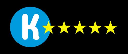 Blue circle with a white K with five golden stars