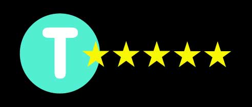 Mint green circle with a white T with five golden stars