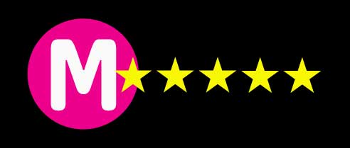 Hot pink circle with a white M with five golden stars