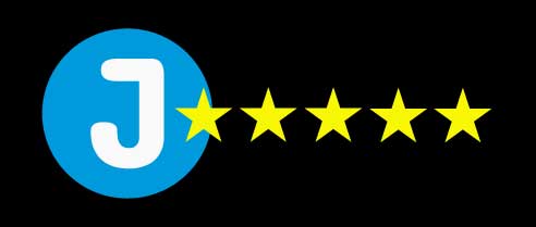 Blue circle with a white J with five golden stars