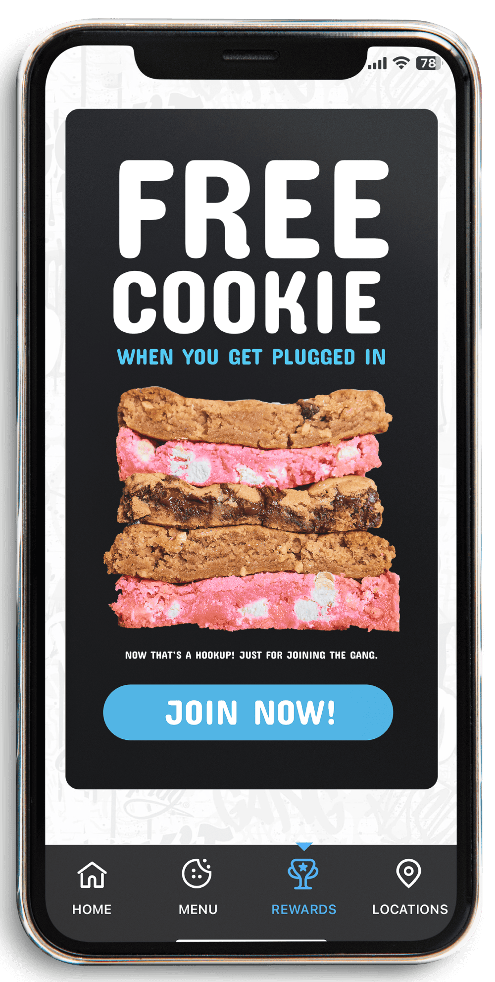 Cell phone mockup that says 'FREE COOKIE when you get plugged it' with a stack of cookies with white chocolate chips and a 'Join Now' button.