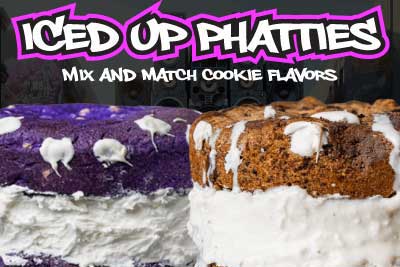 Thick cookies with a big scoop of vanilla ice cream with graffiti text that says 'Iced Up Phatties - Mix and Match Cookie Flavors'