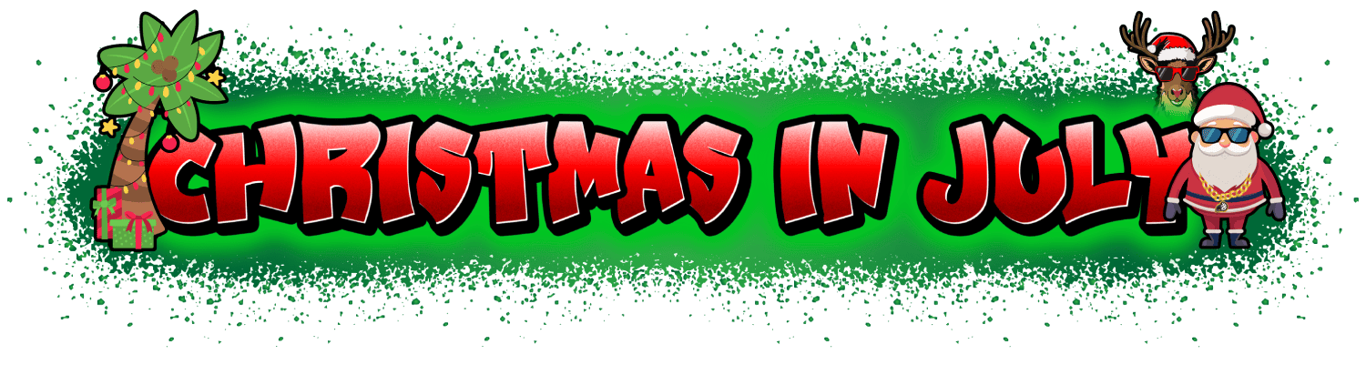 Digital graphic with green spray paint with a palm tree with lights and presents that is next to big chunky type that says 'Christmas in July' with a Santa and reindeer.