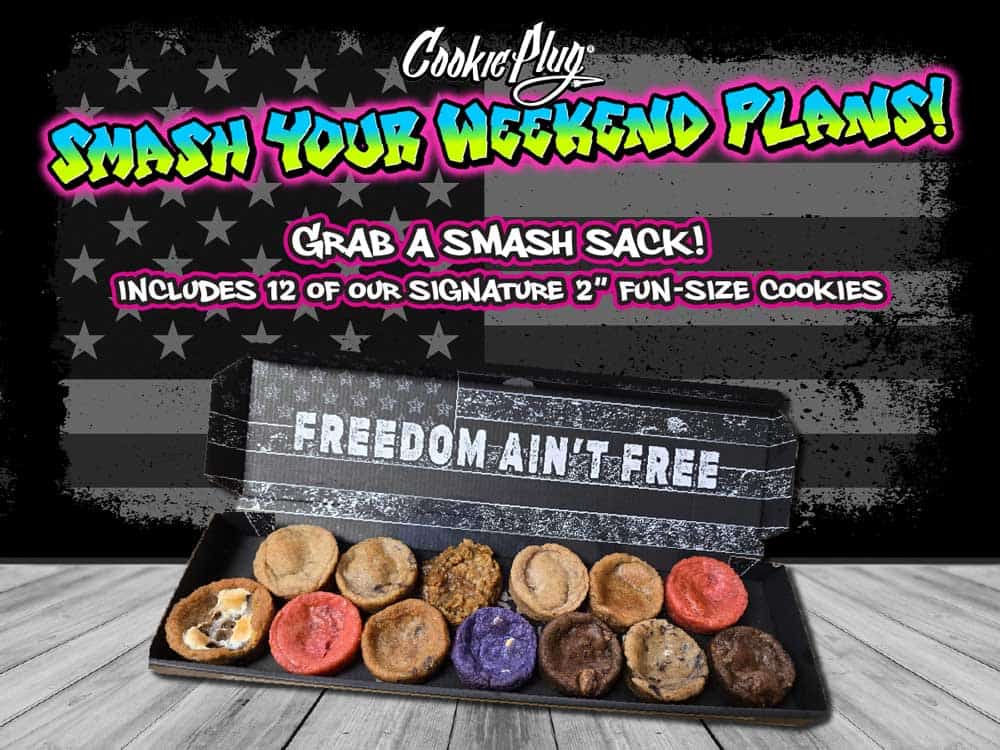 Big black and white box with 12 colorful cookies in various cookie types and says 'Cookie Plug - Smash Your Weekend Plans! Grab  a Smash Sack'