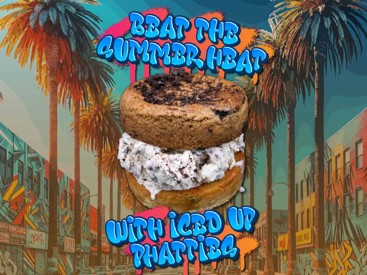 digital graphic that has a large thick ice cream cookie sandwich with crushed Oreos and pixelated font that says 'beat the summer heat with iced up phatties'.