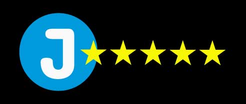 Blue circle with a white J with five golden stars