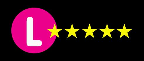 Hot pink circle with a white L with five golden stars