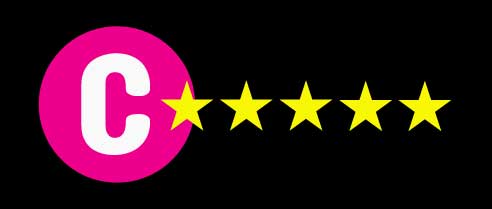 Hot pink circle with a white C with five golden stars