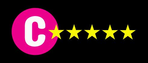 Hot pink circle with a white C with five golden stars