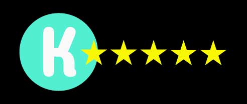 Mint green circle with a white K with five golden stars