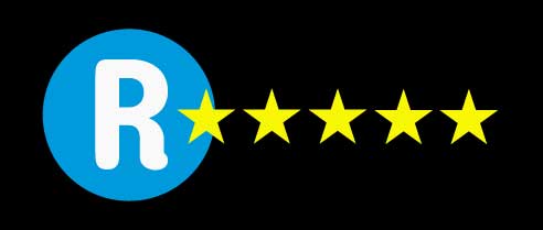Blue circle with a white R with five golden stars
