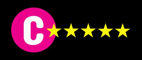 Hot pink circle with a white C with five golden stars