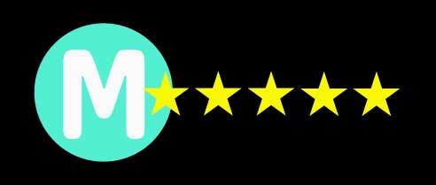 Mint green circle with a white M with five golden stars