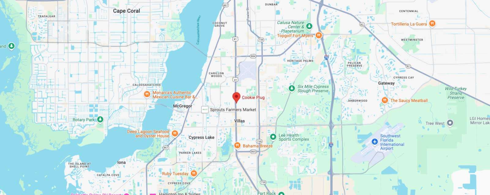 Image of Google Maps that marks the Fort Myers Cookie Plug in FL