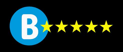 Blue circle with a white B with five golden stars