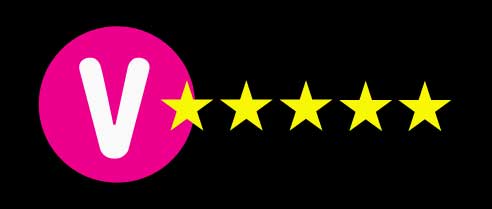 Hot pink circle with a white V with five golden stars