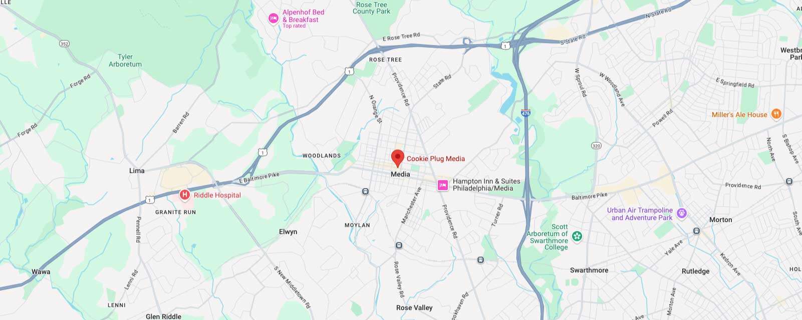 Image of Google Maps that marks the Media Cookie Plug bakery in Media, PA