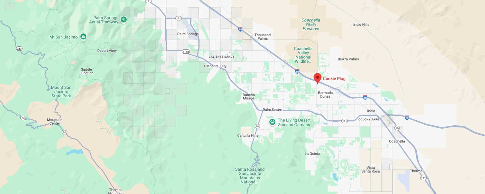 Google Maps directions to Bermuda Dunes Cookie Plug bakery in Bermuda Dunes, CA.