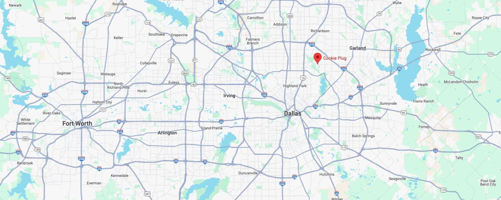 Image of Google Maps that marks the Lake Highlands Cookie Plug bakery and dessert shop in Dallas, TX