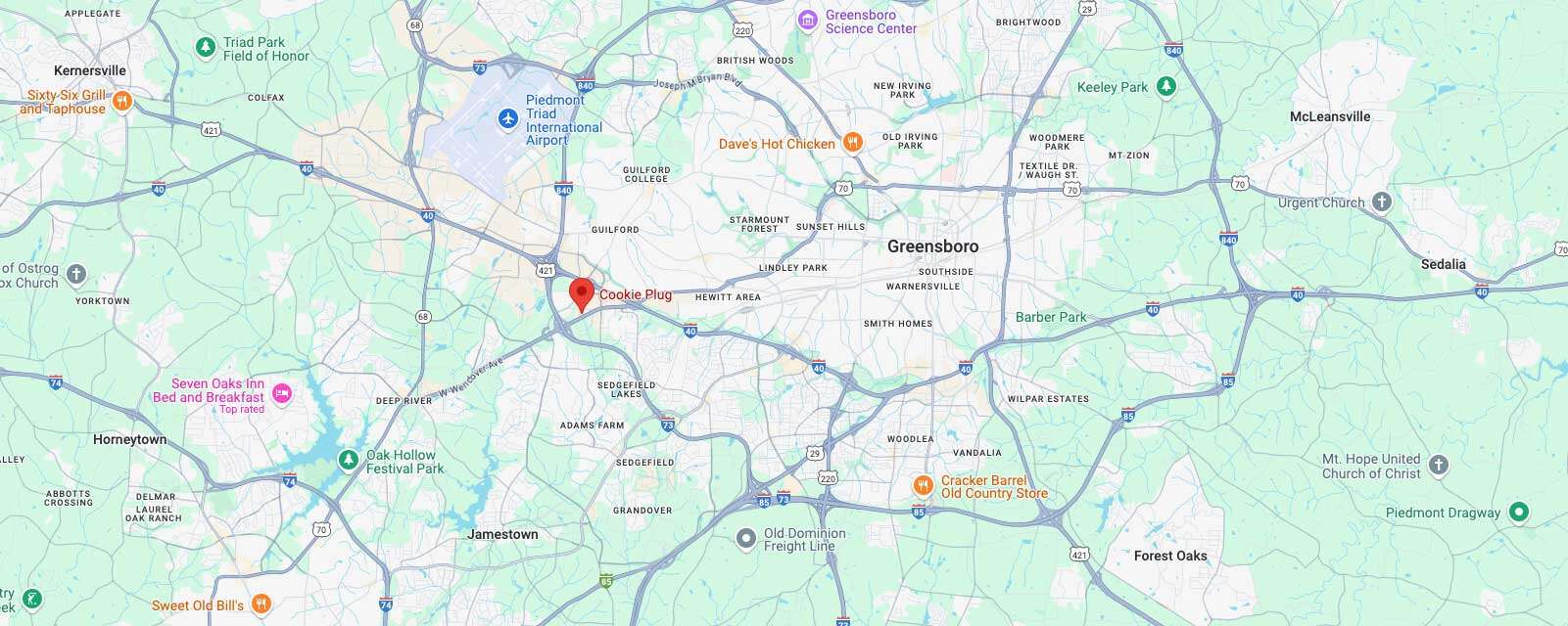 Image of Google Maps that marks the Wendover Cookie Plug bakery in Greensboro, SC