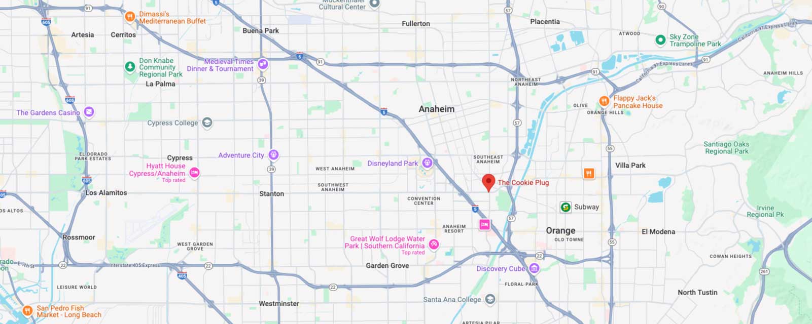 Google Maps directions to Anaheim cookie plug bakery in Anaheim, CA.