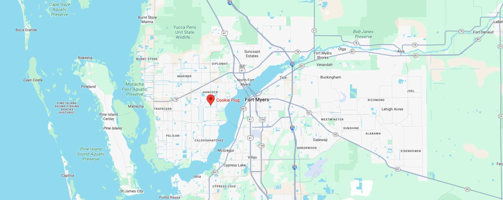 Image of Google Maps that marks the Cape Coral Cookie Plug bakery in Cape Coral,FL