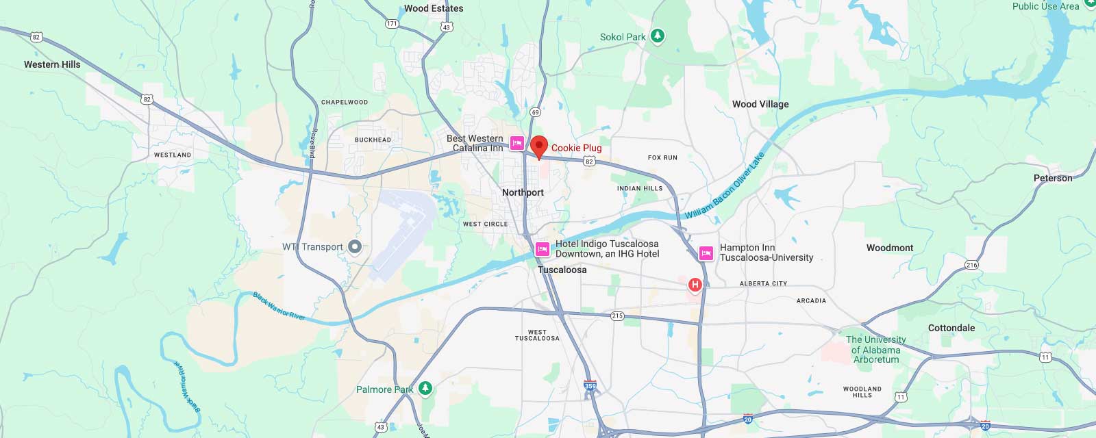 Google Maps image to Northport cookie plug in Tuscaloosa, AL