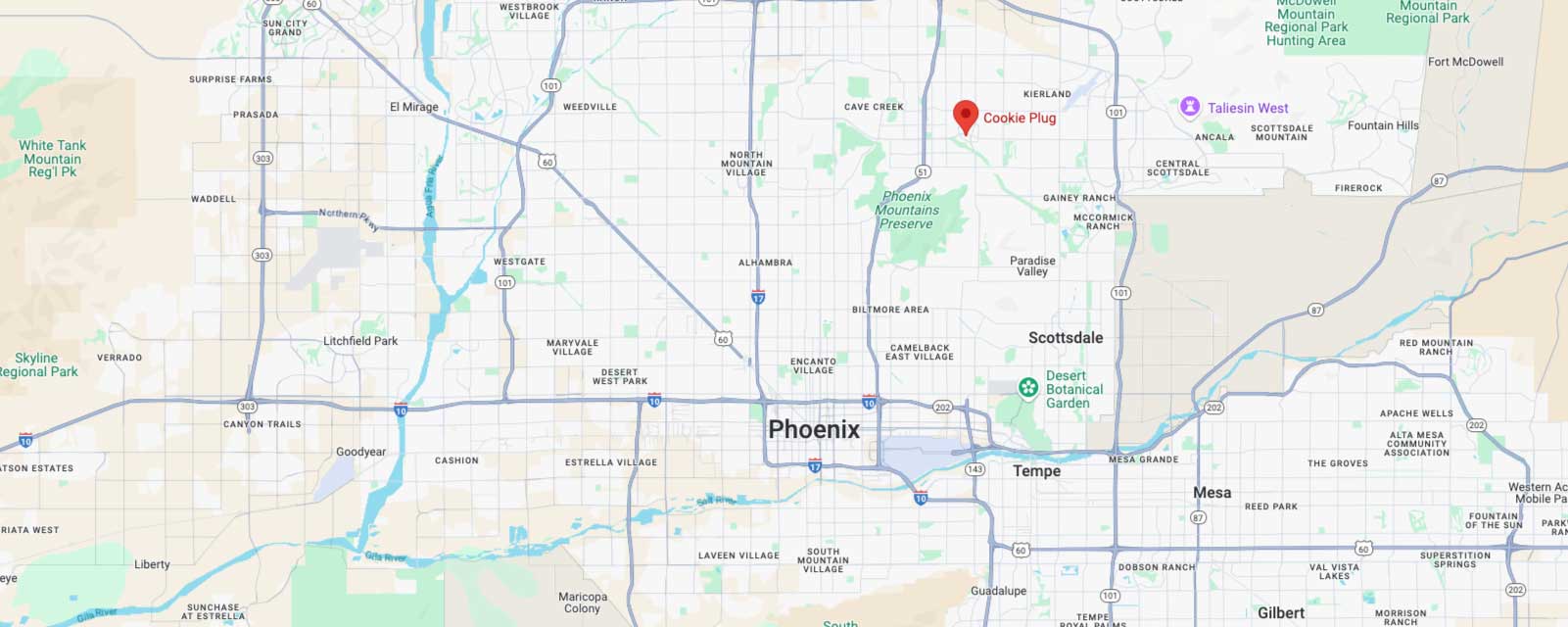 Google Maps directions to cavalier estates cookie plug bakery in phoenix, AZ.