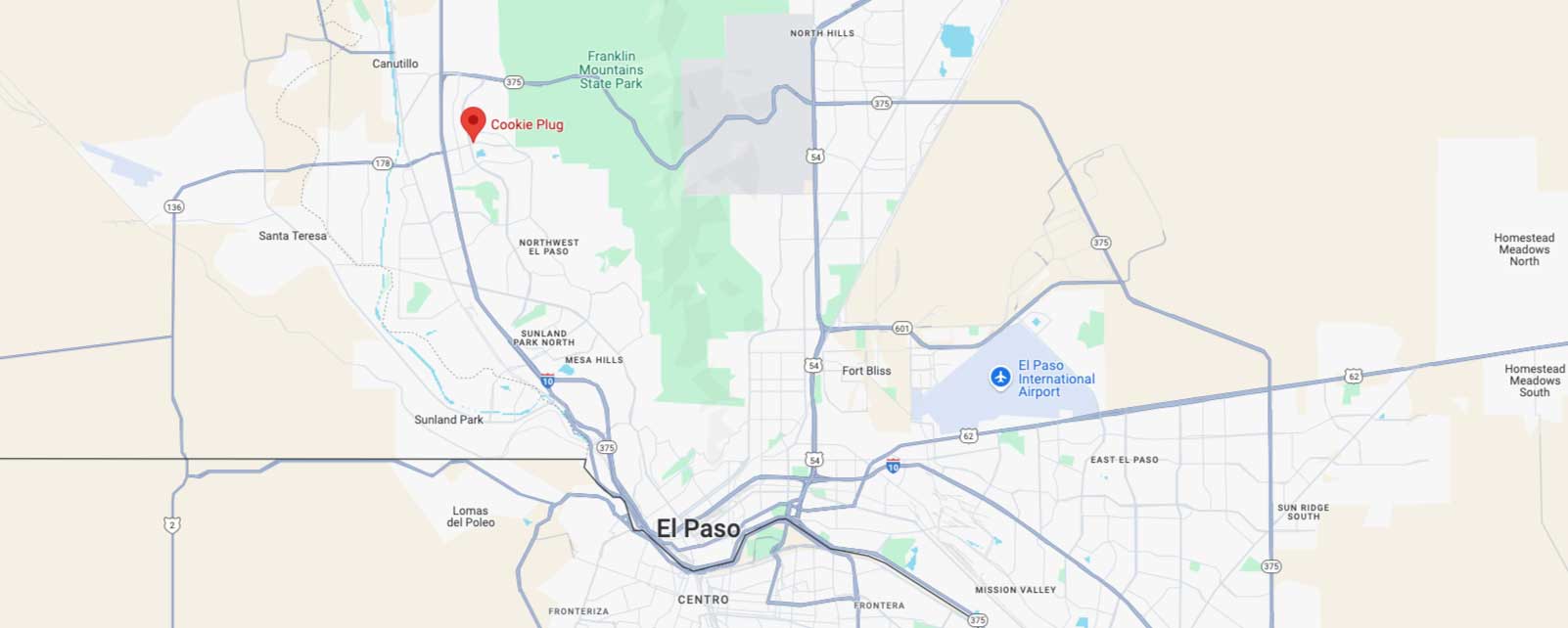 Image of Google Maps that marks the Northwest El Paso Cookie Plug bakery and dessert shop in El Paso, TX