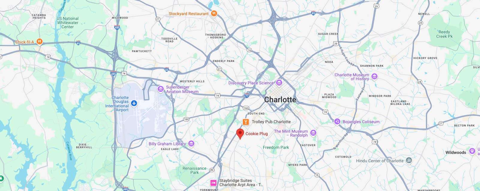 Image of Google Maps that marks the South Charlotte Cookie Plug bakery in Charlotte, SC