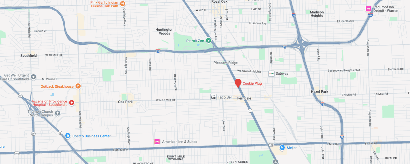 Image of Google Maps that marks the Woodward Ave Cookie Plug bakery in Ferndale,  MI