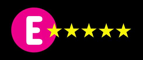 Pink circle with a white E with five golden stars