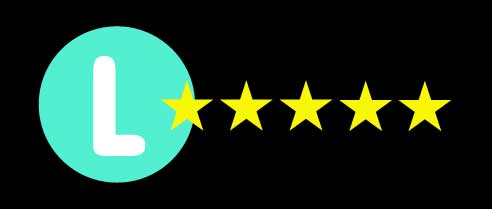 Mint green circle with a white L with five golden stars