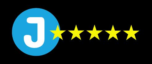 Blue circle with a white J with five golden stars