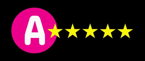 Hot pink circle with a white A with five golden stars