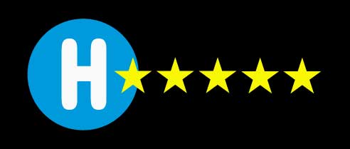 Blue circle with a white H with five golden stars