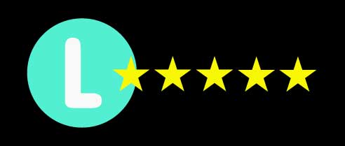 Mint green circle with a white L with five golden stars