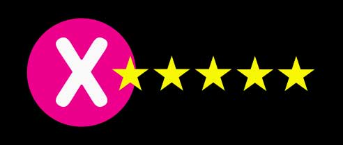 Hot pink circle with a white X with five golden stars