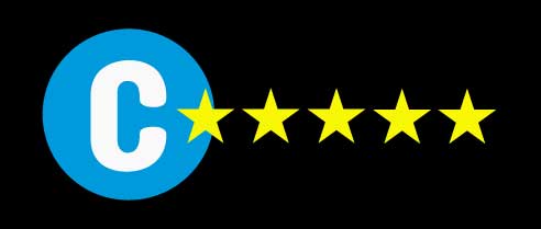 Blue circle with a white C with five golden stars