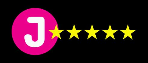 Hot pink circle with a white J with five golden stars