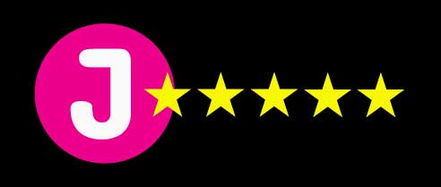 Hot pink circle with a white J with five golden stars
